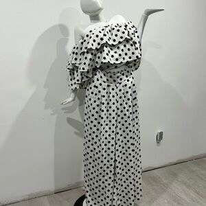 Ashley Stewart White One-Shoulder Polka Dot Ruffle Maxi Dress